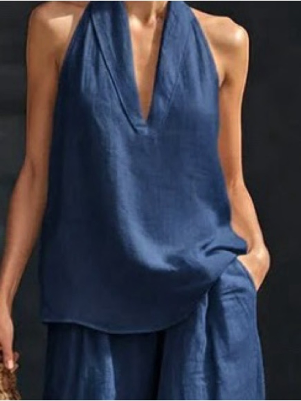 Sleeveless Deep V Linen-Look Top in Navy Blue